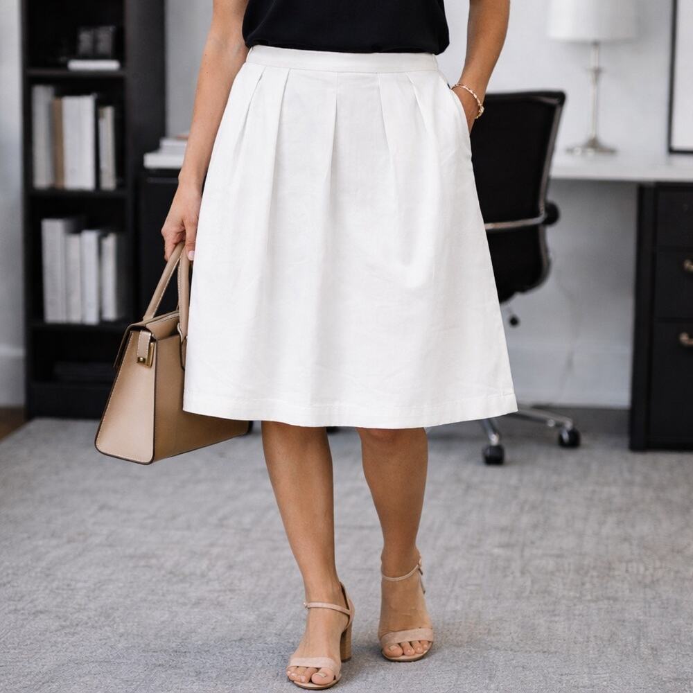 Lafayette 148 White Pleated Knee Length Skirt A Line Career Sz 12